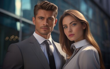 A couple with strong facial expression in business attire in front of office building