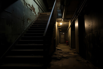 Dark basement stairs.