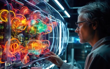Researcher adjusting a particle accelerator in a high-tech laboratory - obrazy, fototapety, plakaty