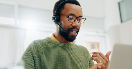 Customer service, laptop video call and professional black man explain telemarketing, project advice or tech support. Online meeting, web conference mic or African consultant counting on webinar chat
