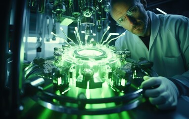 Obraz premium Researcher adjusting a particle accelerator in a high-tech laboratory