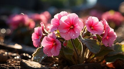 Fototapeta na wymiar Beautiful primroses in a garden in the sunshine. Generative AI. 