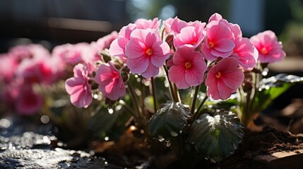 Fototapeta na wymiar Beautiful primroses in a garden in the sunshine. Generative AI. 