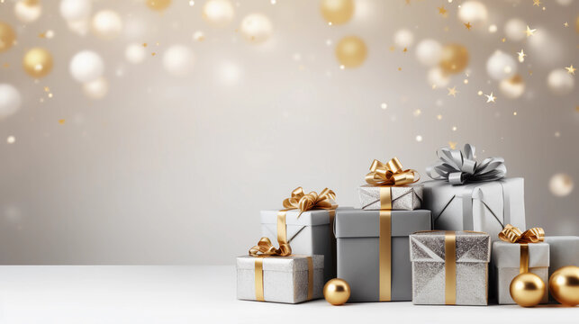 New year, Anniversary and Birthday party decoration, Party background, Gold and silver color balloons, confetti and gift boxes, Luxury Birthday card or backdrop, generative Ai