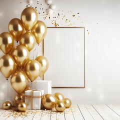 Obraz na płótnie Canvas New year, Anniversary and Birthday party decoration, Party background, Gold color balloons, frame and white wall, confetti and gift boxes, Birthday card or backdrop, generative Ai