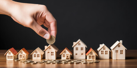 Housing market crisis – showing small toy wooden block houses with hands adjusting and placing coins on top