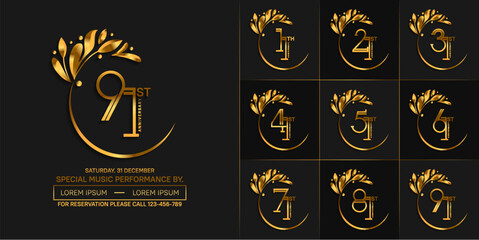 set of anniversary logotype golden color with swoosh and ornament for special celebration event
