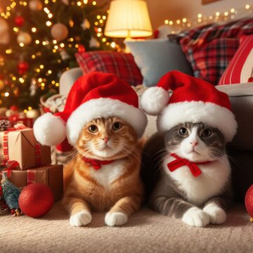 two beautiful cats wearing santa hats on christmas morning  generative ai