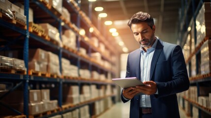 Fototapeta premium man business owner using checklist recheck amount of stock product inventory on shelf at distribution warehouse factory.logistic business ship and delivery, inventory flow, professional