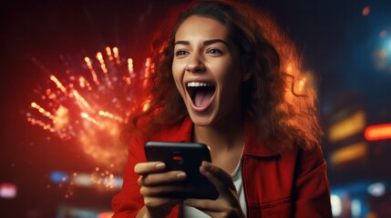 excited young woman play games by mobile phone make winner gesture. female winning mobile gambling. Wow face expression. Esport streaming game online, surprise, gamer, online, earning, new generation. - obrazy, fototapety, plakaty