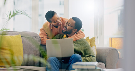 Laptop, love and black couple hug, smile and happy for home romance, partner support or marriage news. Care, lounge sofa and African man, woman or people embrace for online relationship test results - obrazy, fototapety, plakaty