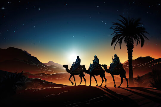 three wise men riding on camels in the desert at nigh