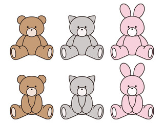 かわいいくまと猫とうさぎのぬいぐるみのベクターイラストセット