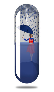 A young girl addicted to drugs is losing her battle against her addiction as the capsule is getting full and there is nowhere to hide in a 3-d illustration.