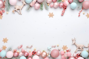 Naklejka na ściany i meble a colorful christmas border with gifts, christmas leaf, candy, snow flake, deer, little lamps decoration, soft pastel background for flat lay, generative ai