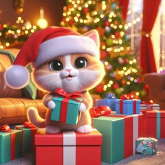 cute kitten wearing santa hat in the gifts and presents at christmas 3d art illustration generative ai