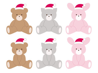 サンタの帽子をかぶったくまと猫とうさぎのぬいぐるみ。ベクター、クリスマス、かわいい