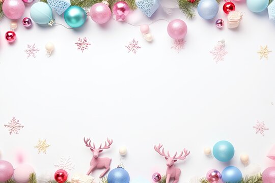 a colorful christmas border with gifts, christmas leaf, candy, snow flake, deer, little lamps decoration, soft pastel background for flat lay, generative ai