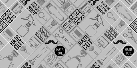 Seamless barber tools shop icon set logo illustration sign for pattern and blackground.pattern - obrazy, fototapety, plakaty
