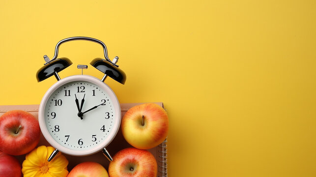 alarm clock and apple HD 8K wallpaper Stock Photographic Image 