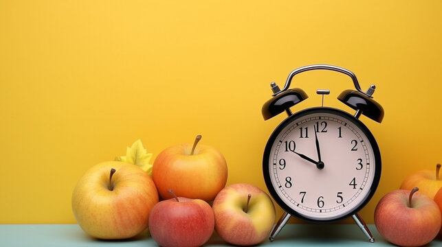 alarm clock and apples HD 8K wallpaper Stock Photographic Image 