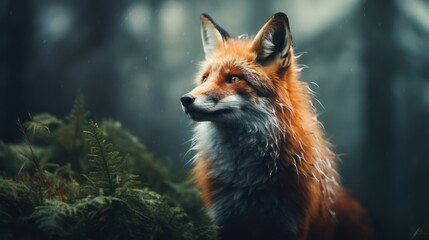 Fox in a forest covered with fog, cinematic style