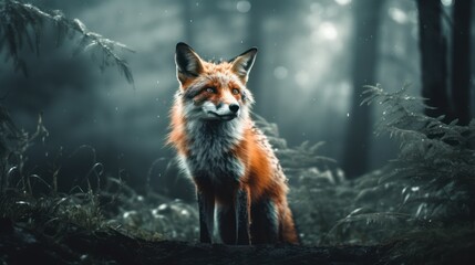 Fox in a forest covered with fog, cinematic style