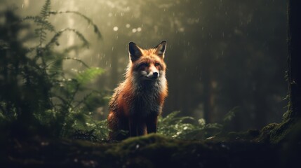 Fox in a forest covered with fog, cinematic style - obrazy, fototapety, plakaty