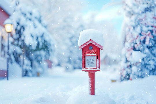 red postbox or mailbox in the snow