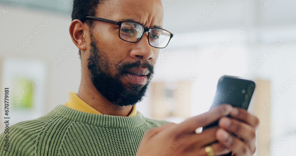 Aufkleber reading email, black man and a phone for communication, online chat or app notification. home, conta