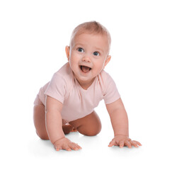 Cute little baby girl crawling on white background
