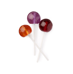 Tasty lollipops isolated on white, top view