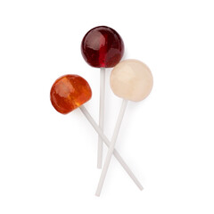 Tasty lollipops isolated on white, top view