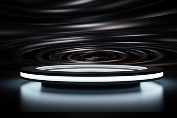 Ai Generative photo white light round podium and black background for mock up realistic image