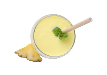 Tasty pineapple smoothie in glass and slice of fruit isolated on white, top view