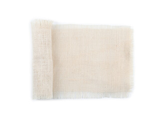 Fototapeta na wymiar Roll of burlap fabric isolated on white, top view