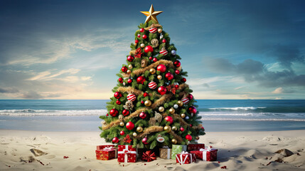 a christmas tree on sandy beach - obrazy, fototapety, plakaty