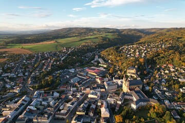 Moravsky Sternberk aerial panorama landscape view of old historical town, churches, cathedral and...