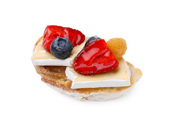 Tasty sandwich with brie cheese and fresh berries isolated on white