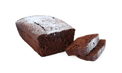 Tasty chocolate sponge cake with powdered sugar on white background