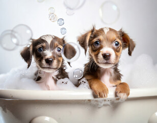 two puppies in the bubble bath together getting clean generative ai