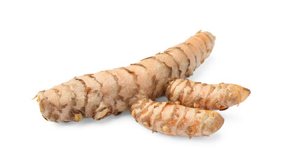 One fresh turmeric root isolated on white