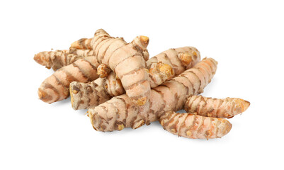 Fresh whole turmeric roots isolated on white