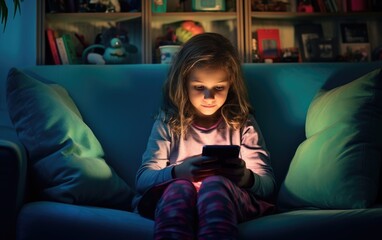 Obraz premium Smiling girl is relaxing on a couch while using her smartphone