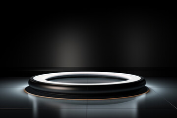 Ai Generative photo white light round podium and black background for mock up realistic image
