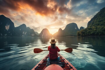 Rear view of woman riding kayak in stream with background of beautiful landscape - obrazy, fototapety, plakaty