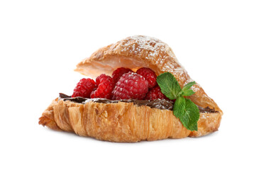 Delicious croissant with raspberries, chocolate and mint isolated on white