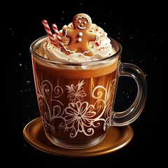 Cup of Christmas hot chocolate with whipped cream and a mini gingerbread man embedded in the real. In a glass and with lots reflections. Black background suitable for a T shirt design.Seasonal snack - obrazy, fototapety, plakaty
