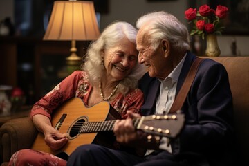 An elderly man plays guitar for his wife on the sofa in the living room. - obrazy, fototapety, plakaty