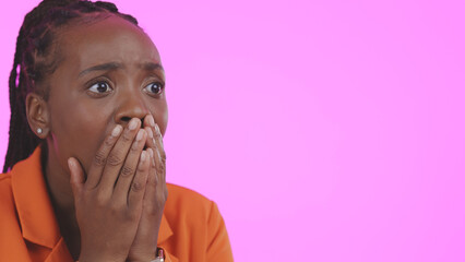 Woman, hands and face with horror news with fear emoji, wow and scared in studio by pink background. Black model, confused and terror with secret information in anxiety, gossip and mistake in mockup